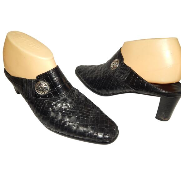 BRIGHTON  Tryst Women's Black Leather Slip-On Woven Slide Heel Mules Size US 9M - Picture 2 of 10